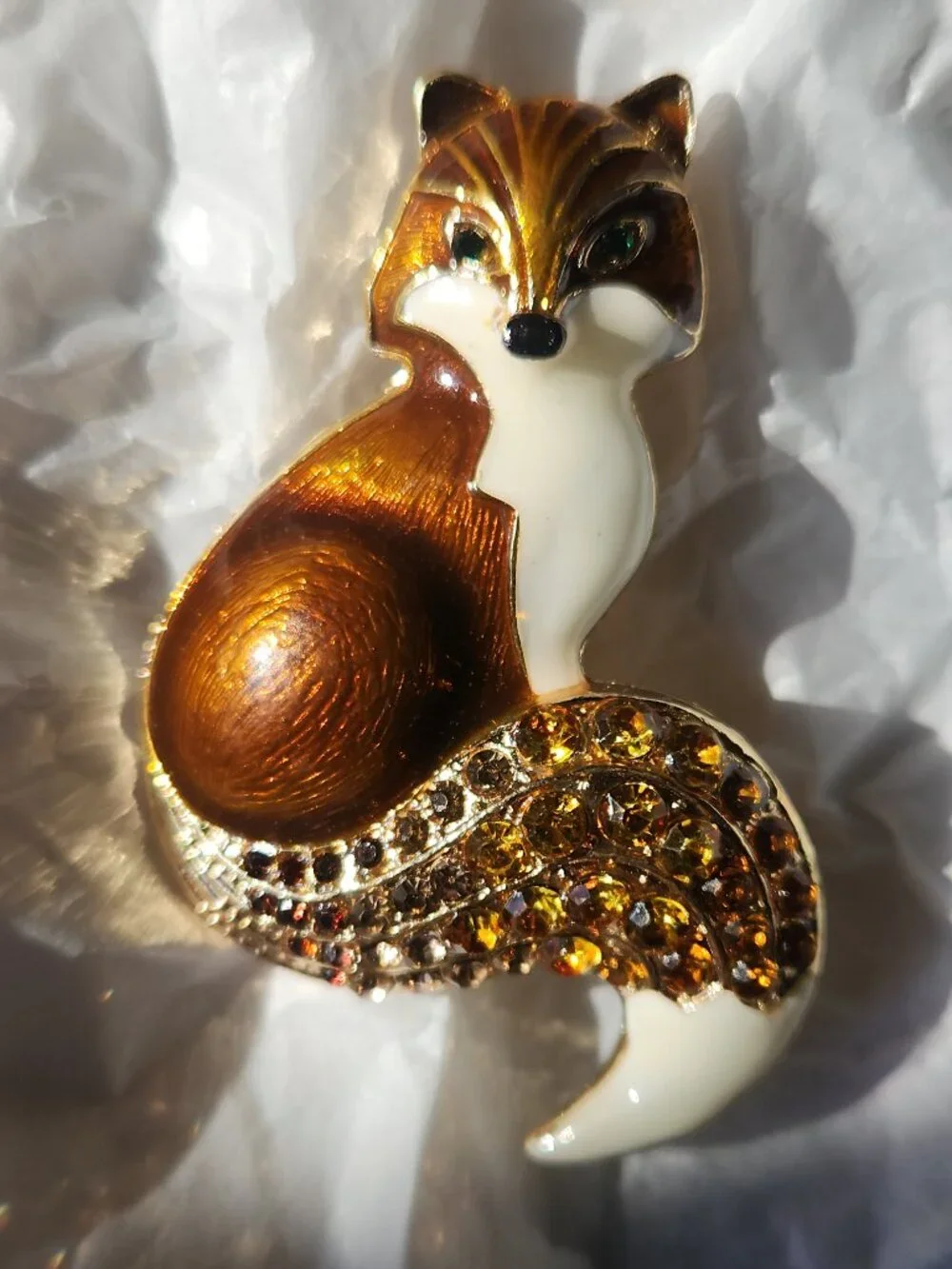 FOX PIN in Orange/Brown ENAMEL with rhinestones by ORNAMENTS.... NEW